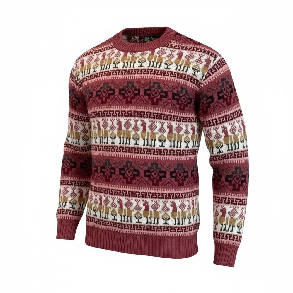 Chasqui Manos Andinas‎ Alpaca Wool Sweater Women Large Fair Isle Llama Burgundy